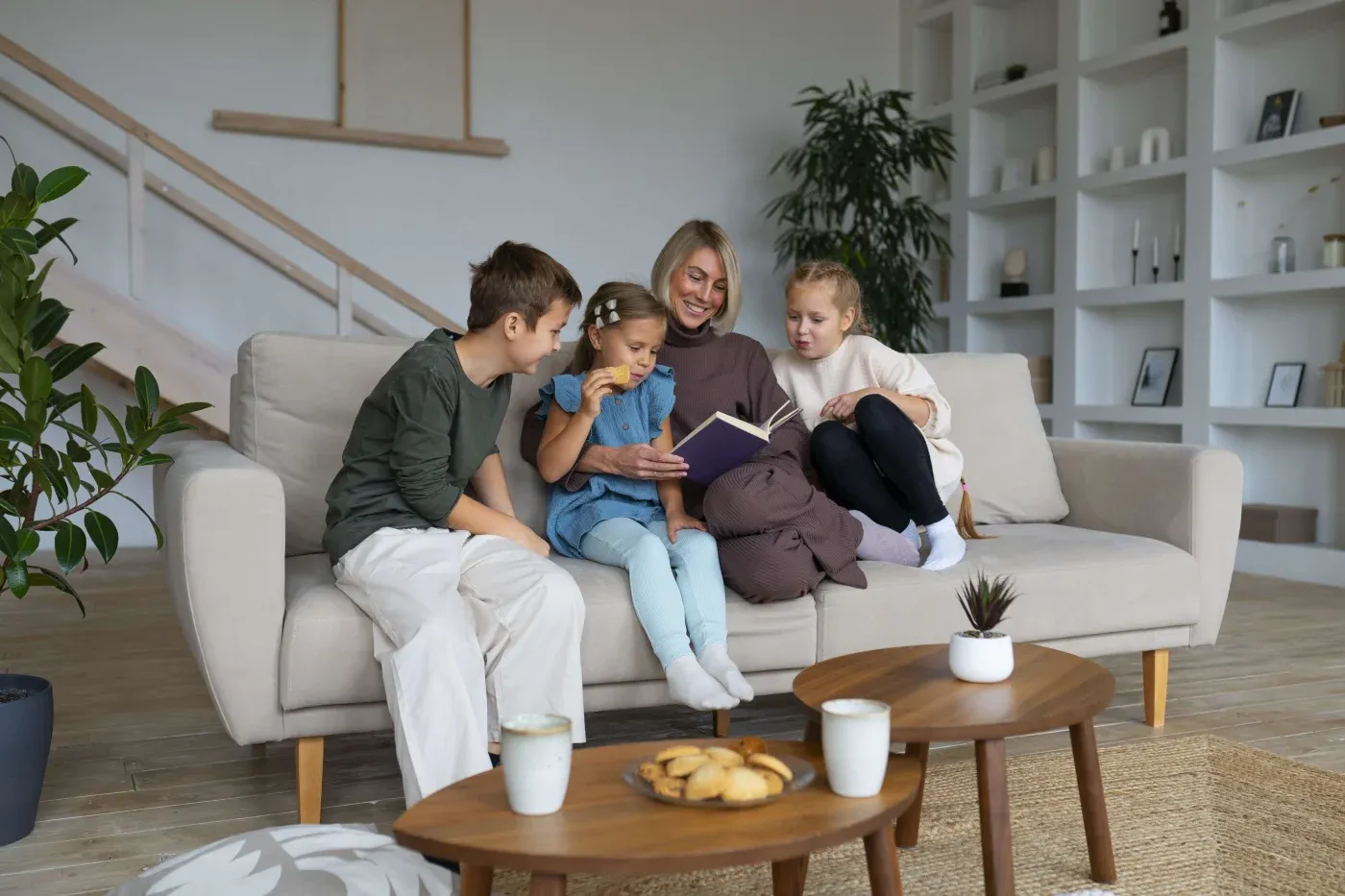 A woman and three children sit on a sofa in a cozy living room. They are engaged in reading a book together, creating a warm, family atmosphere.