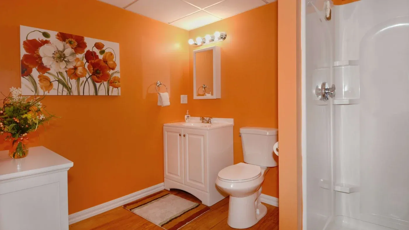 Bright orange bathroom with white vanity, toilet, shower, floral wall art, mirror, and flower arrangement; colorful, cozy, inviting atmosphere.