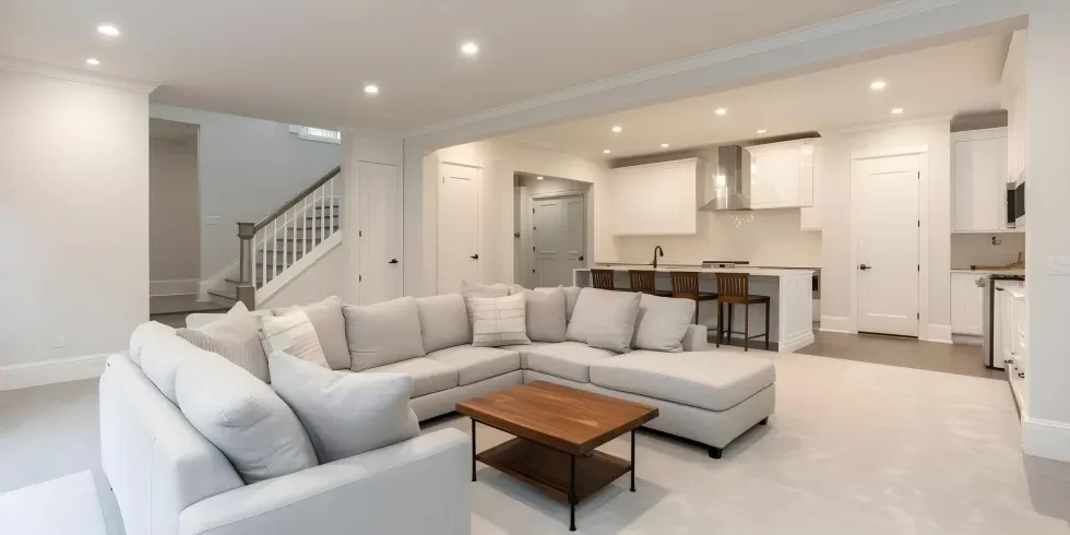 Spacious living area with a large, light gray sectional sofa, wooden coffee table, and open kitchen with white cabinets. Modern, minimalist design.