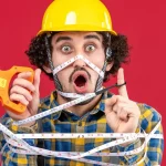 A DIY guy wearing a hard hat who has wrapped himself up with the measuring tape.
