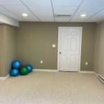 A corner of a finished basement with brown walls, tan carpet, and white doors and trim. There is a small stack of rubber exercise balls piled in one corner. Most of them are blue or green, but one red one is peeking through