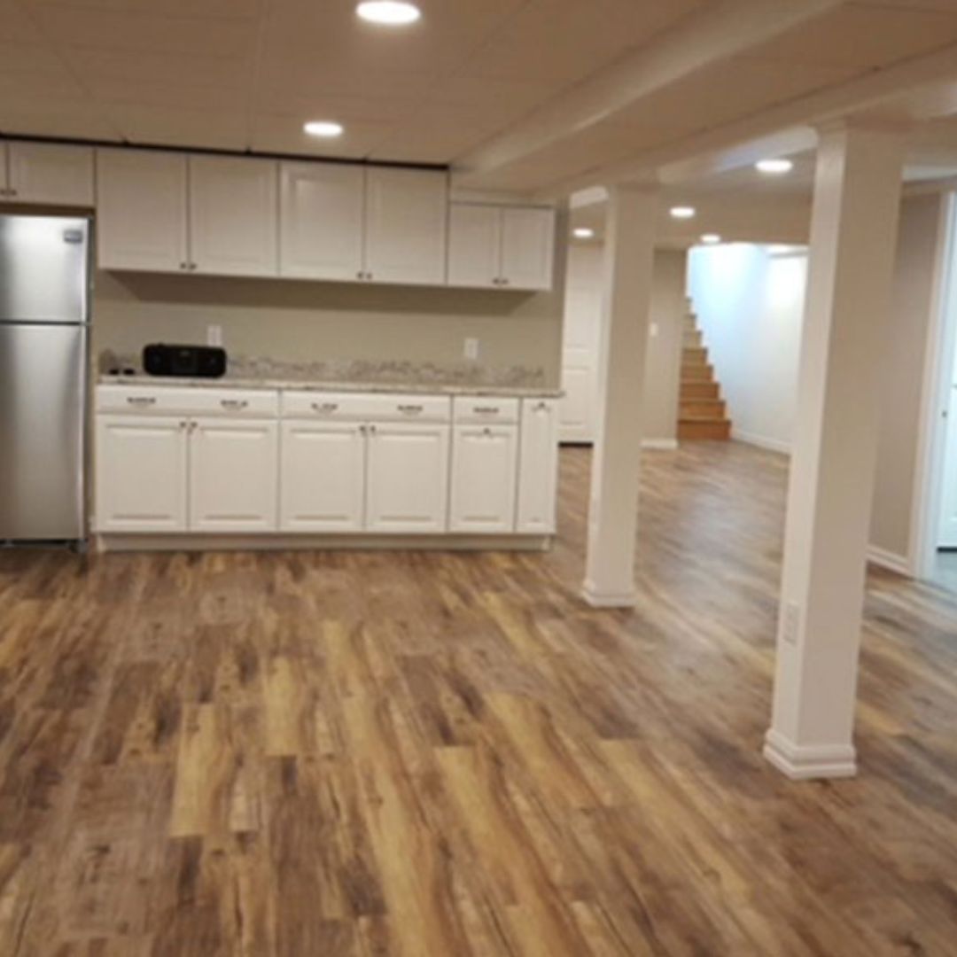 remodeled basement with kitchenette
